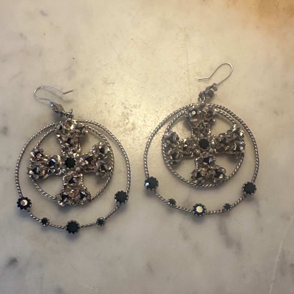 Virgins Saints & Angels Silver and Black Cross Hoop Earrings